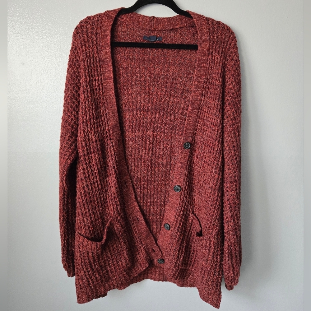 American Eagle Chunky Knit Button Front Cardigan Sweater in Rust Red Size Large